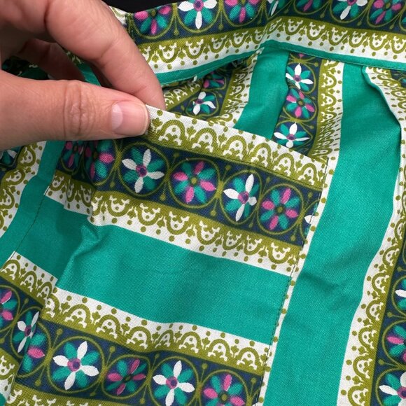 Vintage Apron Floral Striped Pocket Ties Mid Century Handmade Teal Green Retro - Picture 4 of 6